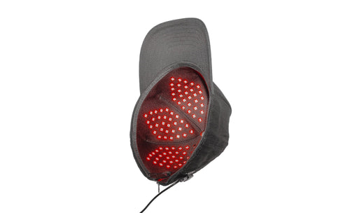 Gray cap with a red LED light on a white background
